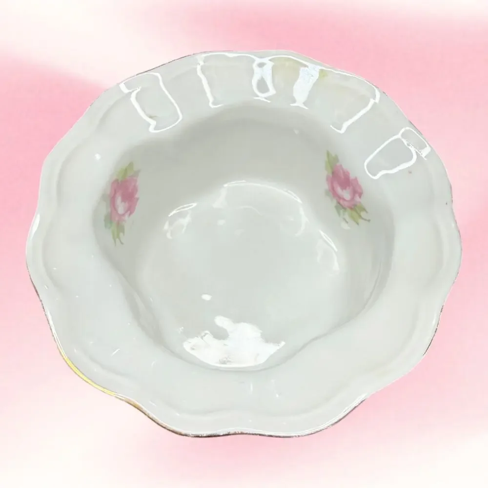 Antique MZ Austria Pink Rose Ramekin Custard Cup Underplate Gold Scalloped